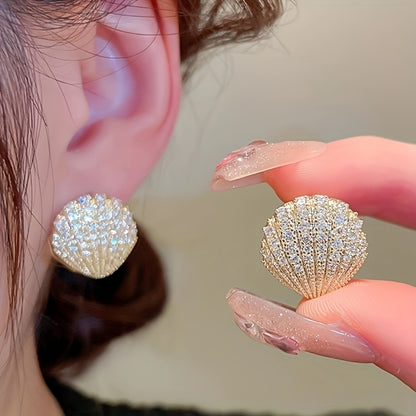 Luxury rhinestone set with sparkling shell stud earrings, lovely and luxurious Women's fashion accessories, perfect for parties and daily wear