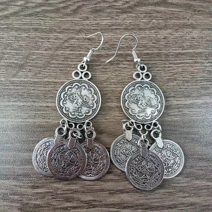 Bohemian Retro Style Alloy Earrings, Stylish Retro Round Hoop with Three Coins Pendant, Bohemian Stylish Ladies Pendant Earrings