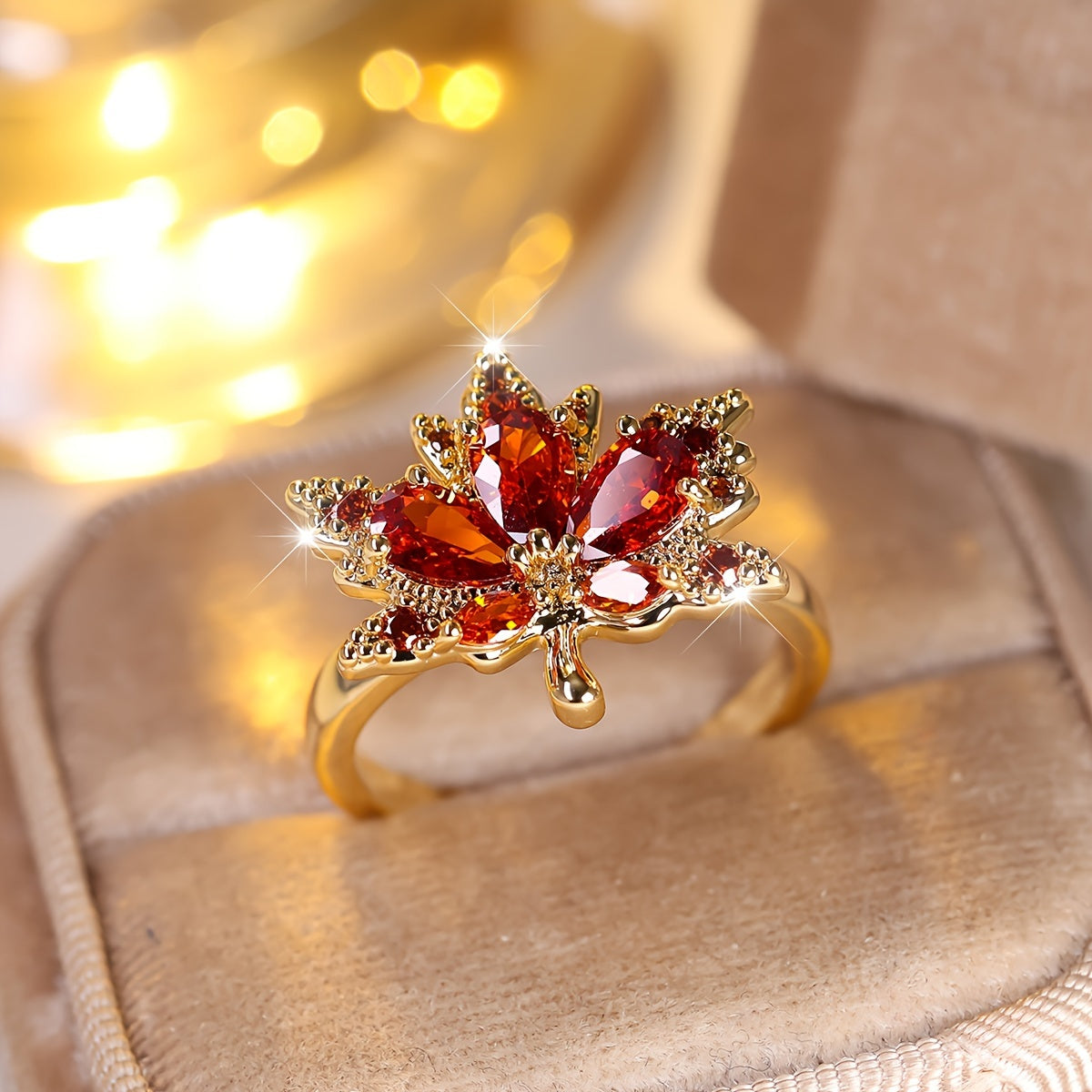 Maple Leaf Zircon Halo Ring Elegant Copper Wedding Engagement Ring Banquet Wear Jewelry
