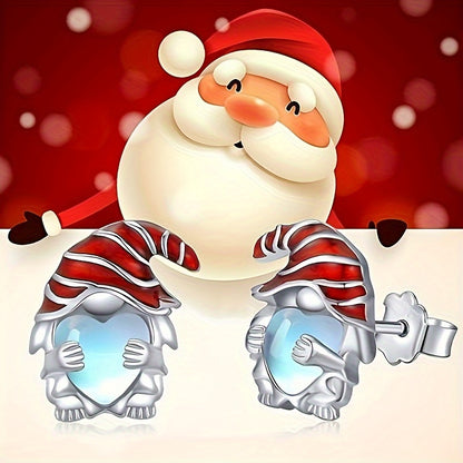 Ladies Lovely Heart Shaped Christmas Gnome Earrings - Synthetic Moonstone, Copper Sticker, Nickel Free, Everyday & Party Wear, June Birthstone, Christmas Holiday Gift Jewelry