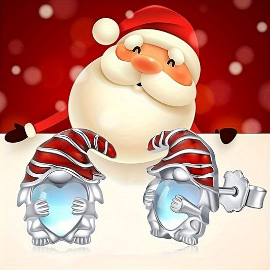 Ladies Lovely Heart Shaped Christmas Gnome Earrings - Synthetic Moonstone, Copper Sticker, Nickel Free, Everyday & Party Wear, June Birthstone, Christmas Holiday Gift Jewelry