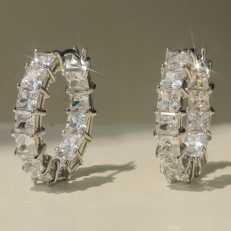 Dazzling gift, luxury square zircon ring earrings for women - nickel-free copper material, suitable for weddings and parties, April birthday stones, wedding earrings, engraving design, daily casual wear, engagement gifts