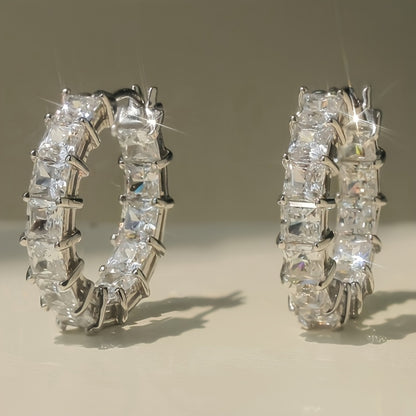 Dazzling gift, luxury square zircon ring earrings for women - nickel-free copper material, suitable for weddings and parties, April birthday stones, wedding earrings, engraving design, daily casual wear, engagement gifts