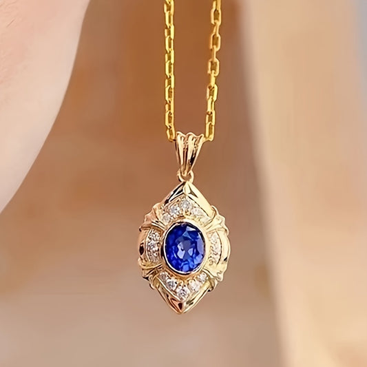 Elegant Vintage Style Blue Synthetic Gemstone Pendant Necklace Ladies, Engagement Anniversary Jewelry Gift for Lover, Vintage Elegant Design