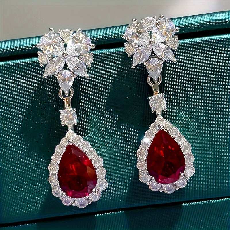 1 pair of retro elegant copper hanging earrings with synthetic red gemstones, nickel-free plating, July birthday stone, suitable for daily wear and banquets, the perfect Valentine's Day gift, novel earrings