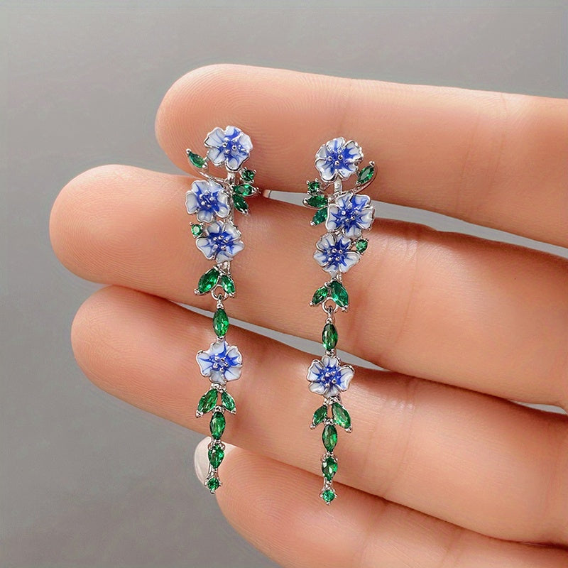 Exquisite 925 Silver Enamel Flower Inlaid Leaf Long Earrings Ladies Elegant Jewelry Summer Party Gift