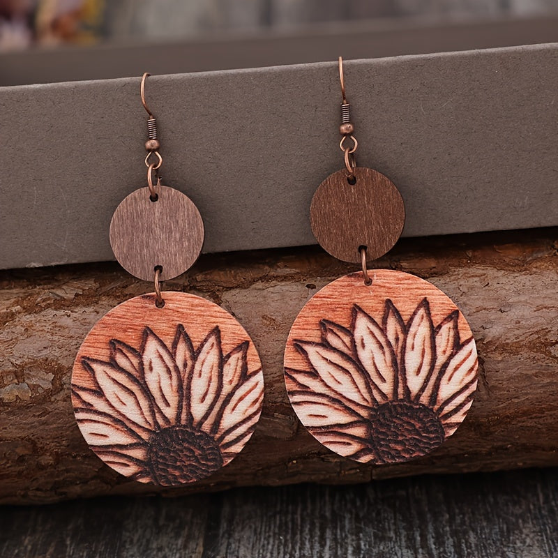 Vintage Style Bohemian Sunflower Wooden Pendant Earrings - Rustic Geometric Design, 3D Printed, Iron Hook, Perfect for Casual Clothing and Gifts, Quirky Earrings