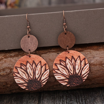 Vintage Style Bohemian Sunflower Wooden Pendant Earrings - Rustic Geometric Design, 3D Printed, Iron Hook, Perfect for Casual Clothing and Gifts, Quirky Earrings