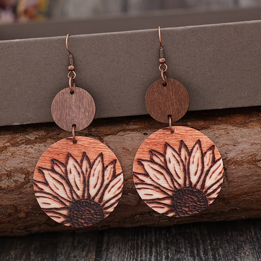 Vintage Style Bohemian Sunflower Wooden Pendant Earrings - Rustic Geometric Design, 3D Printed, Iron Hook, Perfect for Casual Clothing and Gifts, Quirky Earrings