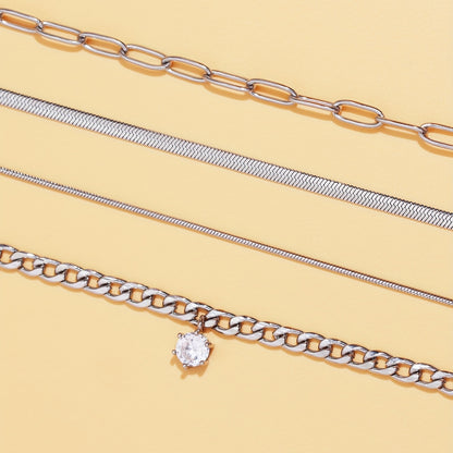 4 pieces European and American fashion stainless steel chain zircon pendant layered necklace set neutral style accessories