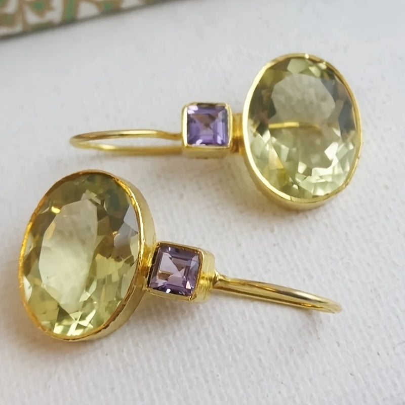A pair of vintage bohemian 14K gold-plated brass stud earrings with champagne glass drops and purple trim - elegant drop ear stud earrings for Women's daily wear and gift giving, Christmas ornament collection