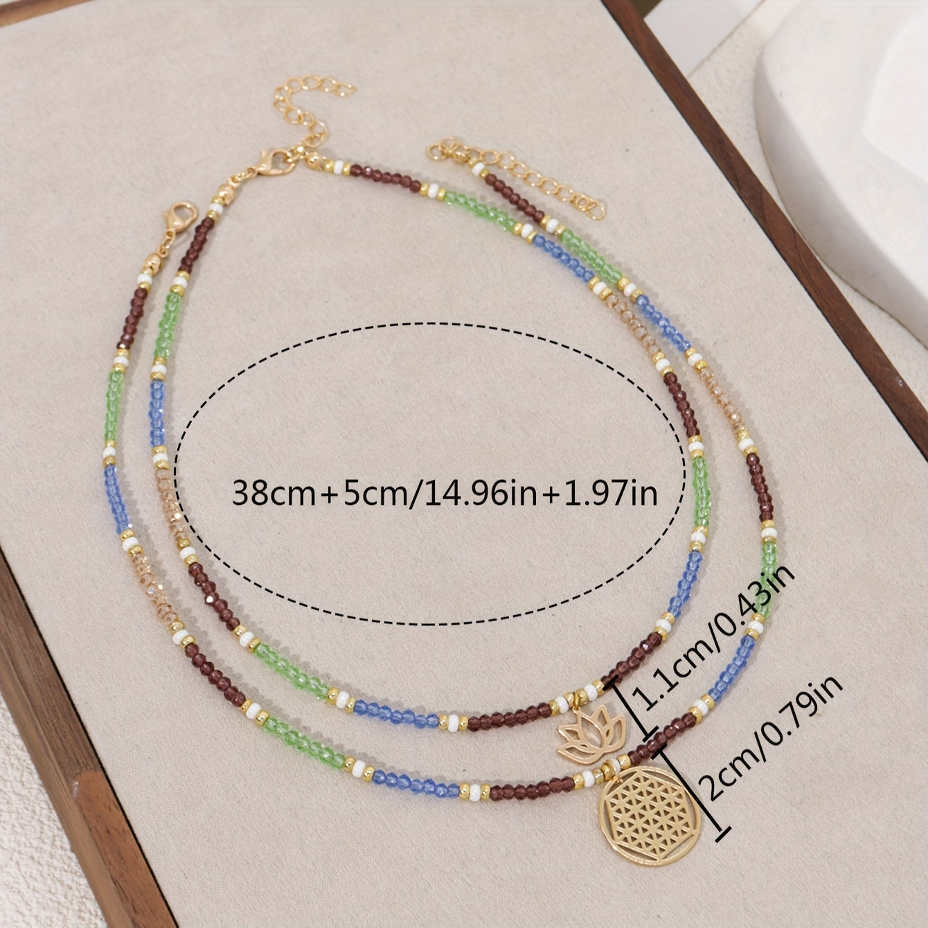 2 pendant necklaces, Bohemian crystal bead lotus pendant double necklace, holiday party music festival daily accessories