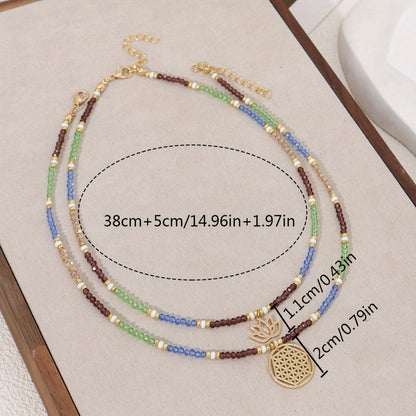 2 pendant necklaces, Bohemian crystal bead lotus pendant double necklace, holiday party music festival daily accessories