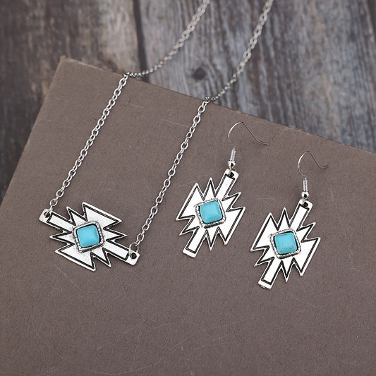 Bohemian style inlaid square turquoise geometric pendant necklace ethnic style pendant necklace silver plated accessories