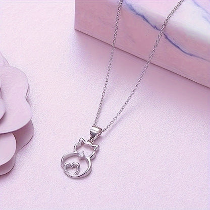 Cute kitten holding round Zirconia pendant necklace, stylish with a loving tail design, girl animal necklace, birthday gift, party and casual wear accessories