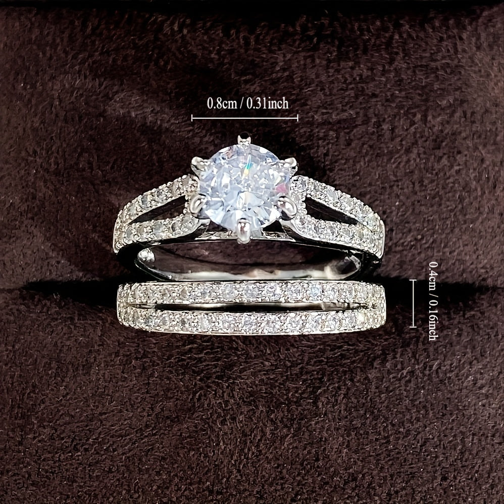 Ladies' wedding rings 2 pieces/set, silver 6-claw inlaid 2 pieces CZ side micro-inlaid engagement ring (no box)