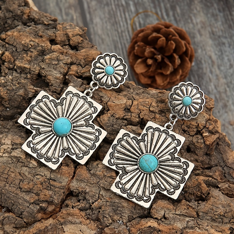 Classic Western style turquoise cross pendant earrings, silver plated jewelry gift