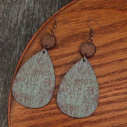 Retro drop-shaped faux-old wood grain pendant earrings, retro bohemian style fashion holiday earrings