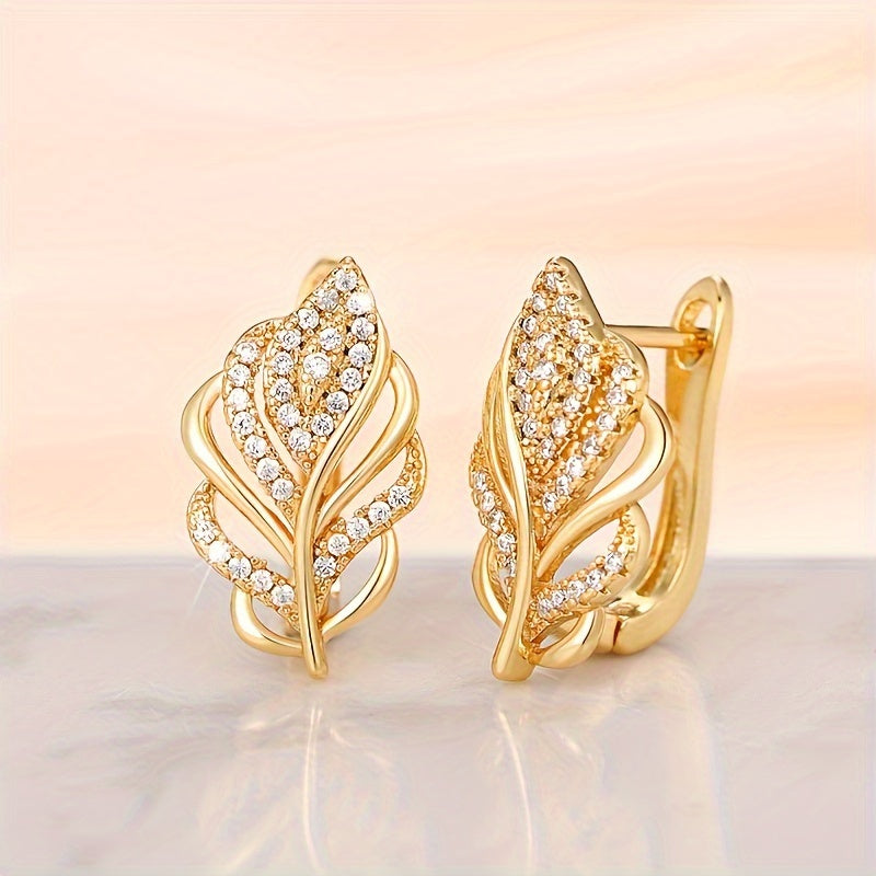 Delicate leaf design ring earrings, copper jewelry, inlaid with shiny Zirconia, elegant and luxurious style, Women's daily party wear