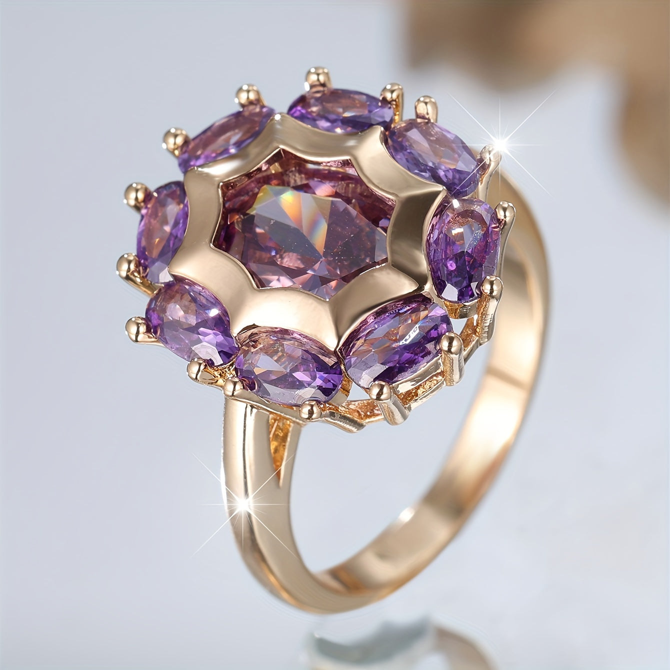 Classic Bohemian Engagement Ring - Elegant Champagne Round Purple Cubic Zirconia, Copper, Unplated, Perfect for Weddings and Parties