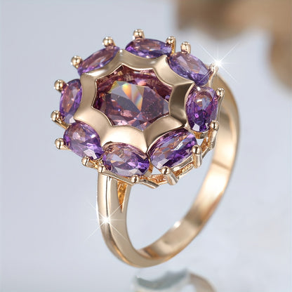 Classic Bohemian Engagement Ring - Elegant Champagne Round Purple Cubic Zirconia, Copper, Unplated, Perfect for Weddings and Parties