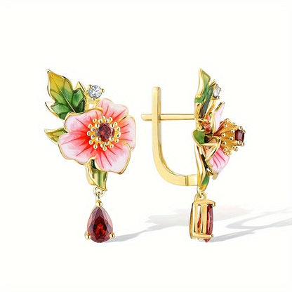 Exquisite floral-set synthetic ruby pendant earrings for ladies' vacation parties and everyday casual accessories