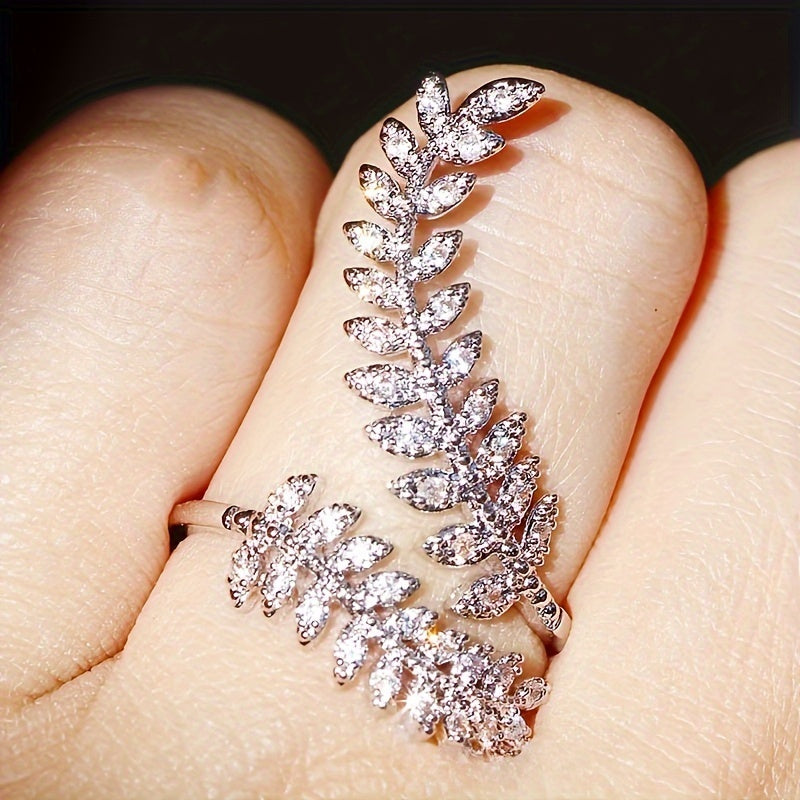 Creative leaf wrap ring, silver plated with sparkling Zirconia, adjustable cuff ring, Women's daily and party clothing matching