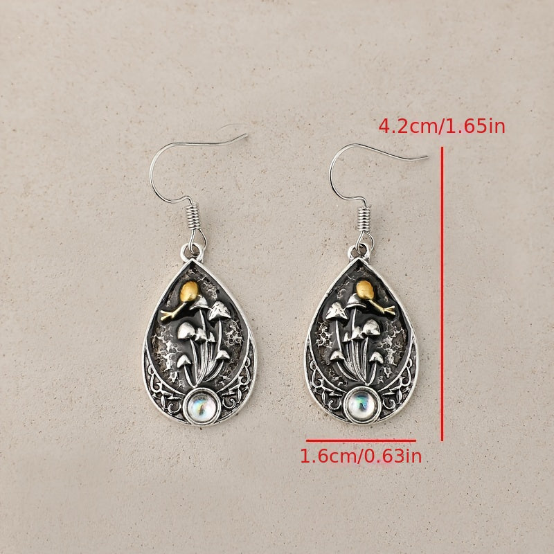 A pair of retro moonstone teardrop mushroom stud earrings, fashionable alloy drip earrings, with artificial analog gemstones and iron ear needles, suitable for women, suitable for over 15 years old