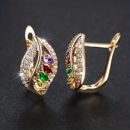 A pair of luxurious horse eye cut colorful gemstone earrings, zircon pendant hollow leaf style wedding earrings