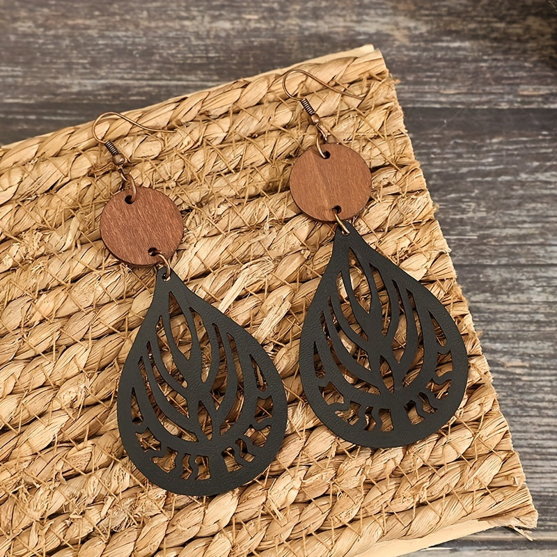 Hollow teardrop-shaped engraved pattern drop earrings retro bohemian style PU leather jewelry fashion women's gift