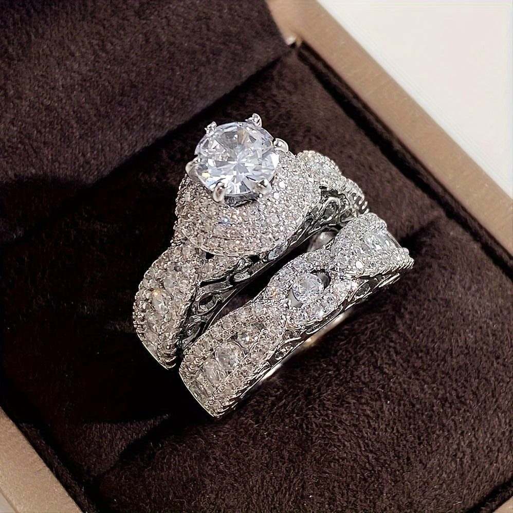 2pcs Elegant Wedding Ring Set with Minor Zircon - Luxury Copper Engagement Ring, April Birthstone, Perfect for Holiday and Casual Dresses, Special Occasion Rings | Elegant Ring Designs | Copper Bottom Rings, Wedding Ring Set for Couples