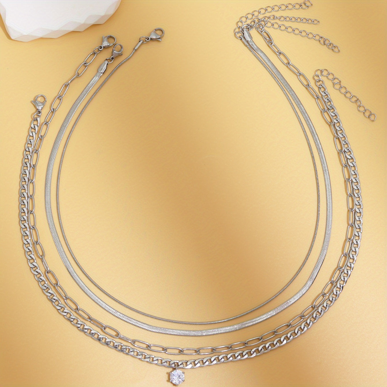 4 pieces European and American fashion stainless steel chain zircon pendant layered necklace set neutral style accessories