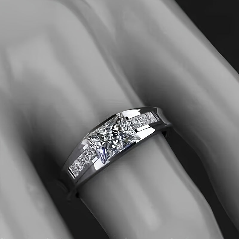 Silver Simple Square Zircon Unisex Ring, Men's and Women's Proposal Wedding Daily Casual Ring Jewelry