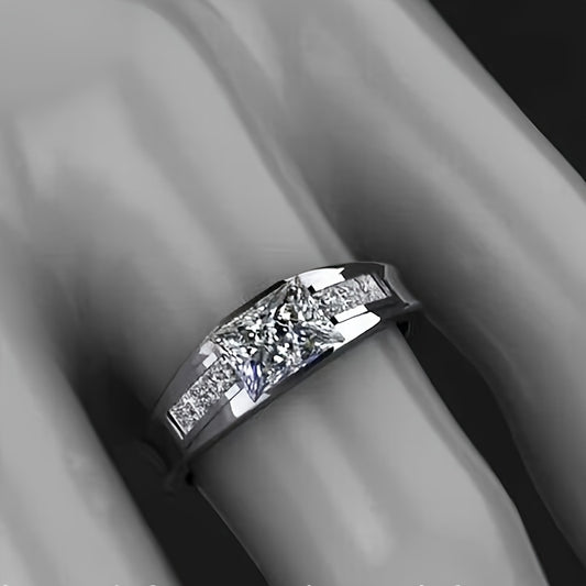 Silver Simple Square Zircon Unisex Ring, Men's and Women's Proposal Wedding Daily Casual Ring Jewelry