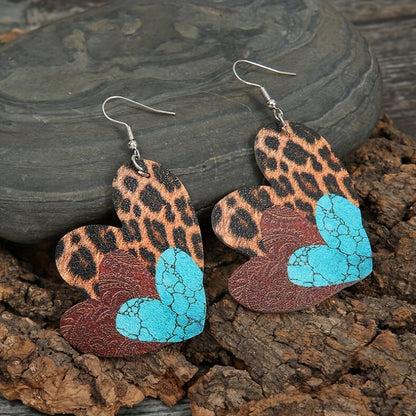 Women's leopard print plaid love imitation leather pendant earrings