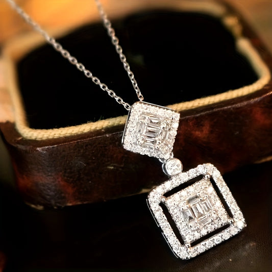 Elegant square pendant necklace set with shiny cubic Zirconia - perfect for weddings, engagements and special occasions
