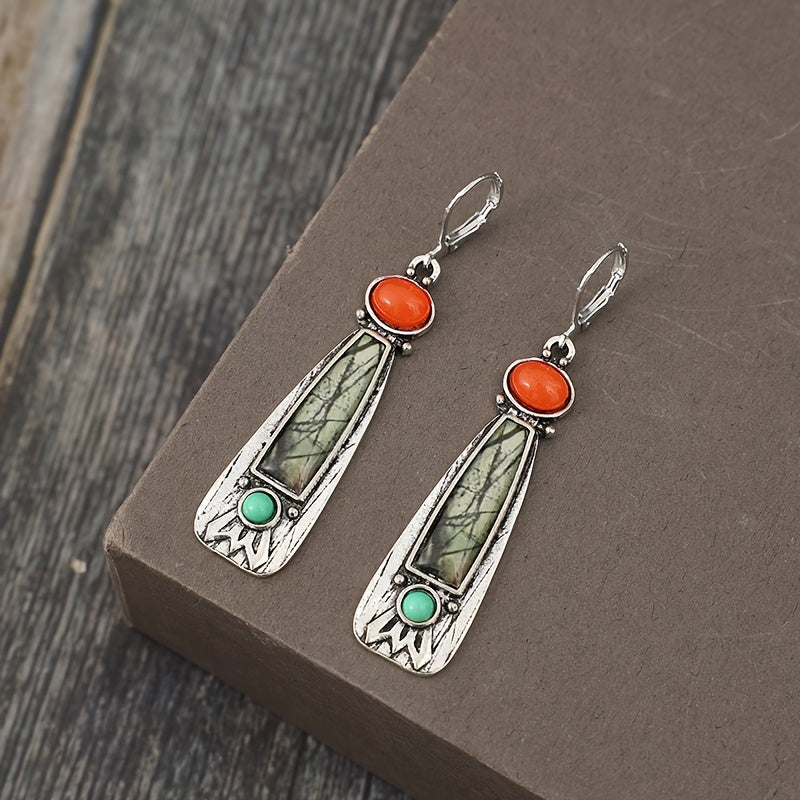 A pair of bohemian tribal-style silver zinc alloy drop earrings with synthetic gemstones and iron ear needles, long drop earrings for everyday wear