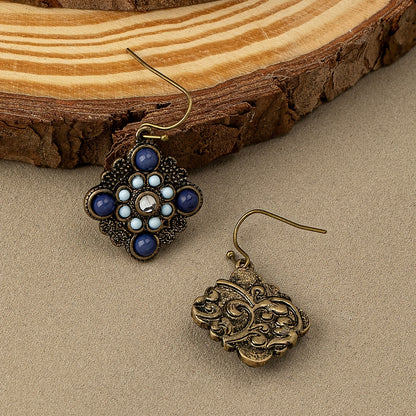 Blue patterned square pendant earrings