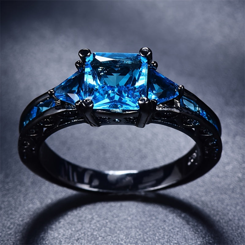 Elegant classic style, black copper ring inlaid with sparkling blue Zirconia fashion exquisite jewelry, suitable for weddings and parties, perfect gift