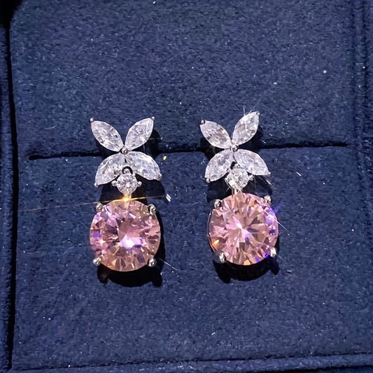 Elegant Pink Cubic Zirconia Flower Pendant Earrings - Nickel Free Copper for Everyday Wear and Parties