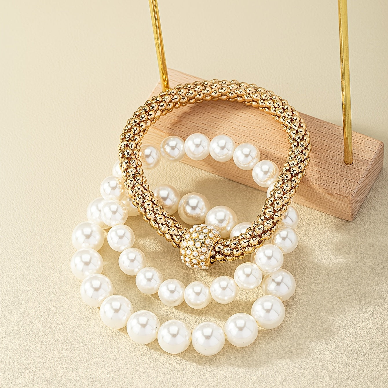 Faux Pearls Bracelet Kit 14K Gold Plated Stretch Hand Jewelry Set For Women & Girls 3 Pcs