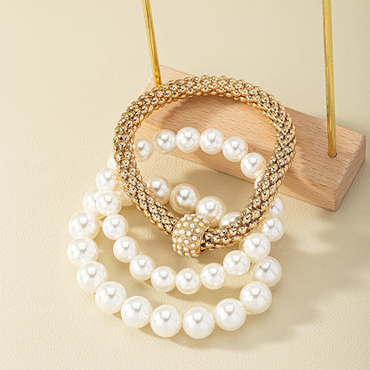 Faux Pearls Bracelet Kit 14K Gold Plated Stretch Hand Jewelry Set For Women & Girls 3 Pcs