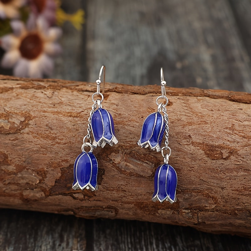 Blue small wind chimes flower pendant earrings, silver-plated alloy with iron earrings, exquisite enamel craftsmanship, suitable for daily wear - a pair