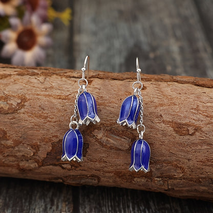 Blue small wind chimes flower pendant earrings, silver-plated alloy with iron earrings, exquisite enamel craftsmanship, suitable for daily wear - a pair