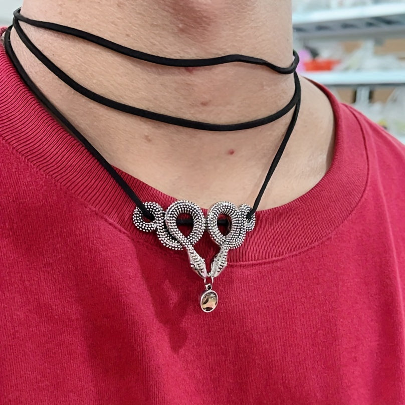 Double Snake Moonstone Necklace Short Velvet with Clavicle Chain