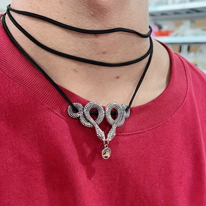 Double Snake Moonstone Necklace Short Velvet with Clavicle Chain