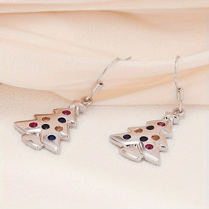 Ladies Elegant Christmas Tree Pendant Earrings, Colored Synthetic Cubic Zirconia, Lovely Holiday Themed Copper Hook Earrings, Nickel Plated Lead Free, Perfect for Everyday and Party Occasions - 1 Pair