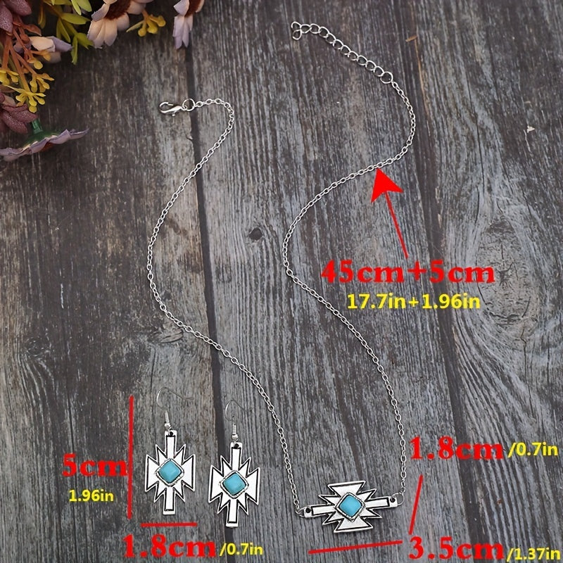 Bohemian style inlaid square turquoise geometric pendant necklace ethnic style pendant necklace silver plated accessories