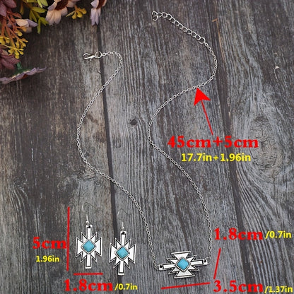 Bohemian style inlaid square turquoise geometric pendant necklace ethnic style pendant necklace silver plated accessories