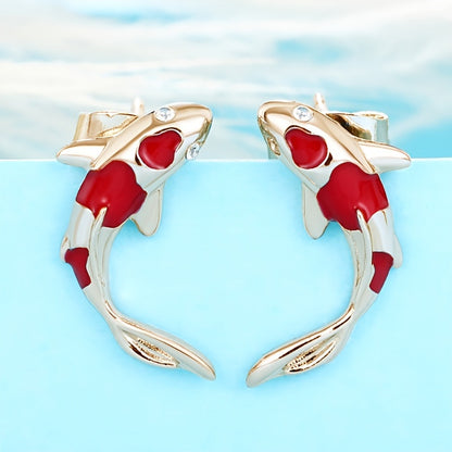 Ladies' elegant red koi fish stud earrings, chic minimalist style animal earrings, suitable for daily wear